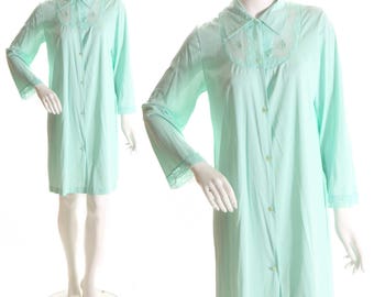1950s Pale Blue Knee Length Nylon Lingerie Button Down Gown by Texsheen-L