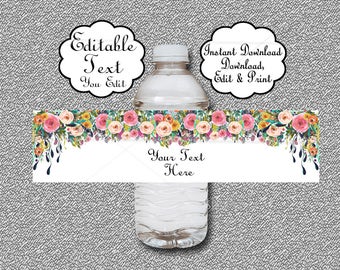 Floral Water Bottle Labels Baby Shower, Birthday, Wedding, EDITABLE, Printable, Boho Baby Shower Bottle Wrap - Wrapper INSTANT DOWNLOAD 020