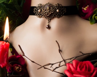 READY to SHIP! Velvet Steampunk Choker, Gear Necklace, Victorian Steampunk Choker, Octopus Necklace, Pearl Victorian Steampunk Necklace