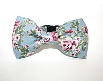 Floral Shabby Chic Pink Rose Vintage Bow Tie Breakaway Collar Cat, Kitten , Rabbit, Bunny, Puppy, Small Dog - Cat Lover - Dog Lover.