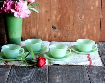 4 Vintage Jadeite Cups and Saucers, Alice Jadeite, Fireking Mug, Wedding Shower Gift, Fire King Jadeite Mugs, Green Tea Cup and Saucer Set