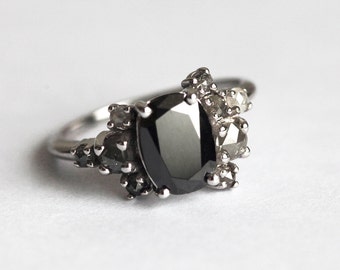 Black Diamond Ring, Black Diamond Cluster Ring, Black and Grey Diamond Ring, Grey Diamond Ring, Oval Diamond Ring, Unique Engagement Ring