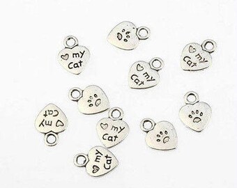 HEART MY CAT Charms,Tibetan Silver Charms,Bracelet Charms,Necklace Charms,Jewelry Making Supply,Craft Supply,Cat Jewelry,Charms