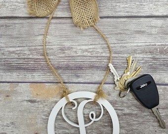 Car Charm - Car Initials - Rear View Mirror Monogram - 4.5" Painted Initial with Burlap Bow