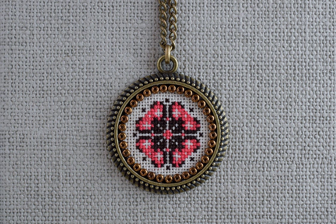 Cross stitch necklace Pink and brown cross stitch pendant