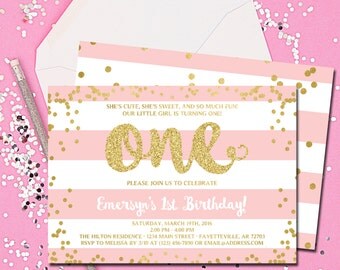 First Birthday Invitation, 1st Birthday Invitation, Birthday Invite, Pink and Gold, Blush Pink, Gold Faux Glitter, Printable 5x7