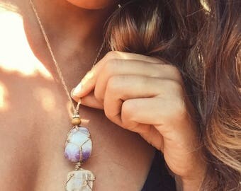 Amethyst and clear Quartz crystal macrame necklace