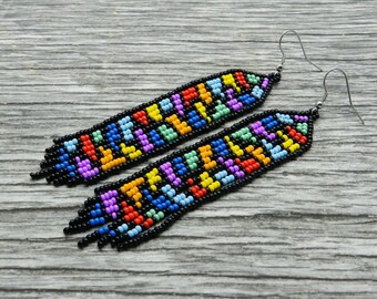 Colorful beaded earrings, fringe earrings, seed bead earrings, native bright summer earrings, boho earrings, native american jewelry