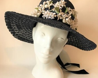 Vintage Navy Large Straw Hat by Marche' Exclusive