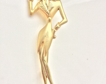 Matte Gold Lady Brooch Vintage Costume Jewelry Pretty Woman Attorney Pin Suit Pin Jacket Feminine Large Pin 1980s Jewelry Walking Lady Pin