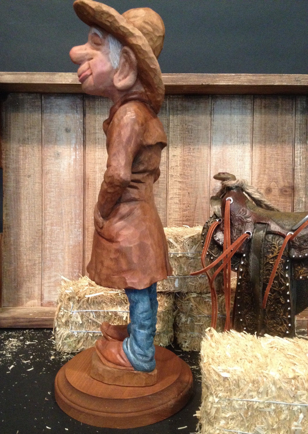 Western Caricature Cowboy Wood Carving. Heirloom for Ranch