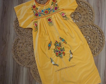 1970's Colorful Embroidered Yellow Mexican Dress Size S