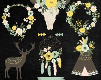 Chalkboard Floral Tribal Clip Art. Floral Skull, Floral Teepee, Floral Wreaths. 11 images, 300 dpi. Eps, Png files. Instant Download.