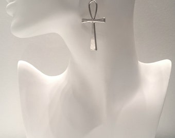 Large Ankh Earrings -Silver Plated Earwires- Antique Silver Pendant