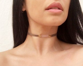 Rose Quartz Choker Rose Quartz Necklace Rose Quartz Jewelry Gem Choker Suede Choker Natural Stone Choker Stone Necklace Dainty Choker