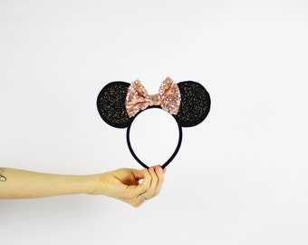 Minnie Mouse Ears Headband with Rose Gold Glitter Bow | Minnie Ears | Birthday Headband | Disney Girl Gift | Minnie Ears Black + Rose Gold