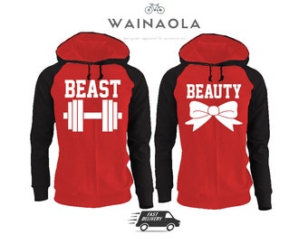Beast Beauty Raglan Hoodies for Couples Fitness Valentine's Couple Sweaters Matching Gym Clothes Pärchen Pullover King Queen Gifts for Him