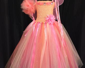 Peach & coral fairy tutu dress w/crown, wand, wings; birthday outfit; fairy costume for girls; 18-24 mo, 3T/4T, 5/6, 7/8, 9/10, 11/12