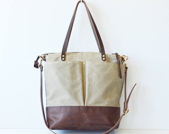 Waxed canvas backpack tote bag / Converts from backpack to shoulder bag to crossbody bag - Taupe waxed canvas and brown leather