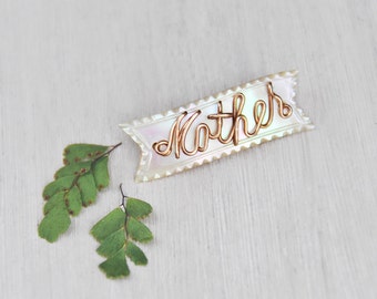1 Mother of Pearl Ribbon Brooch - luminous shell with gold filled wire script - Mother's Day pin gift