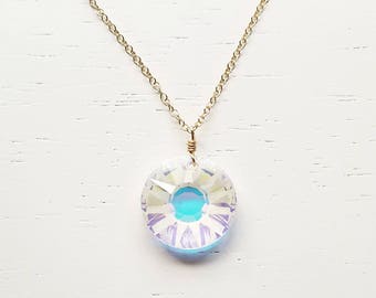Sun Crystal Necklace - swarovski rainbow faceted pendant on long gold filled chain simple modern jewelry
