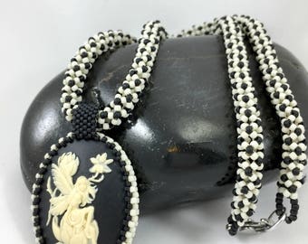 Fairy Cameo Necklace, Woven Bead Necklace, Bead Wrapped Cabochon, Seed Bead Necklace, Women's Gifts, Women's Jewelry, Gifts for Her