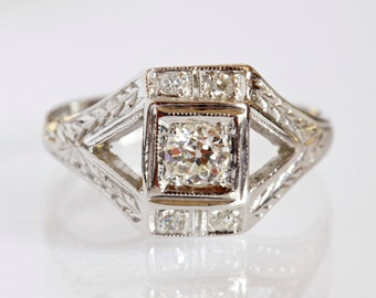 Art Deco .30ct Diamond Engagement Ring, 18k White Gold Antique Engagement Ring, Unique Engagement Ring, 1930s Diamond Engagement Ring