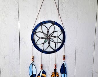 Stained Glass Dreamcatcher, Unique Suncatcher, Unique Glass Feathers, Bohemian Art Glass, Creative Gift Idea, Native American Deco