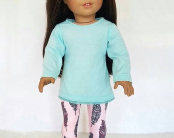 18 inch doll clothes, mint green lace tunic and pink feather print leggings American made, girl doll clothes spring tunic