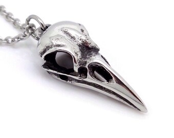 Small Raven Skull Necklace, Handmade Pewter Bird Head Pendant Jewelry