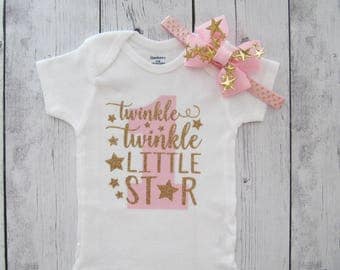 Twinkle Twinkle Little Star First Birthday Onesie in pink and gold- girl birthday, pink gold, star one birthday, star headband, star halo