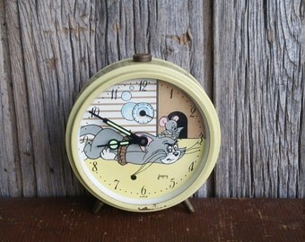 Vintage Mid Century Tom and Jerry Alarm Clock - 1950s Tom and Jerry Cartoon Alarm Clock - Mechanical French Japy Alarm Clock