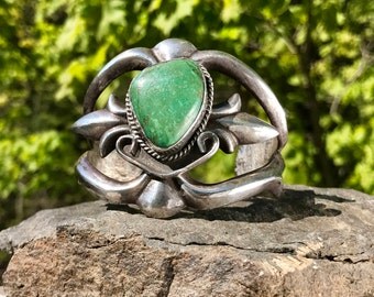 Vintage Sterling Silver Navajo Turquoise Cuff Bracelet – Native American Jewelry - Heavy 925 Sand Cast Old Pawn Cuff - WhistlingGypsyVTG