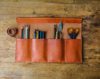Leather artist roll, leather pencil roll, leather pencil case, leather tool roll case, paint brush holder, leather gift