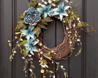 Spring Wreath Summer Wreath Floral White Branches Door Wreath Grapevine Wreath Decor-Teal Blue Lilies-Teal Blue Peony