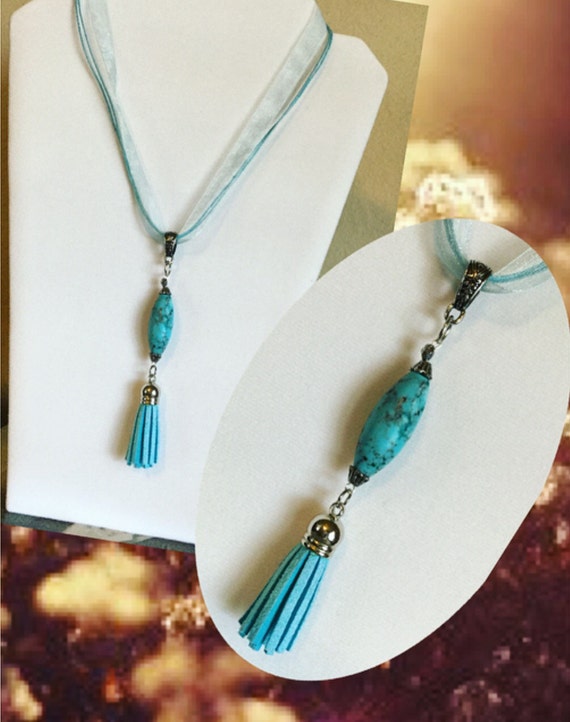 SALE Turquoise Boho Tassel Pendant & Ribbon Choker Chain Boho
