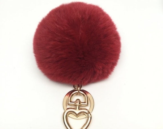 Heart Fur Pompom Keychain Rabbit Fur Ball Bag Charm Burgundy