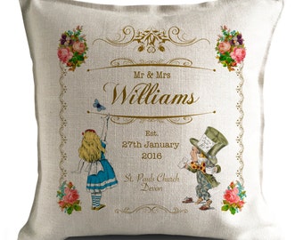 PERSONALISED Alice in Wonderland Wedding anniversary Cushion Pillow Cover - Mr and Mrs bride and groom - 16 inch 40cm