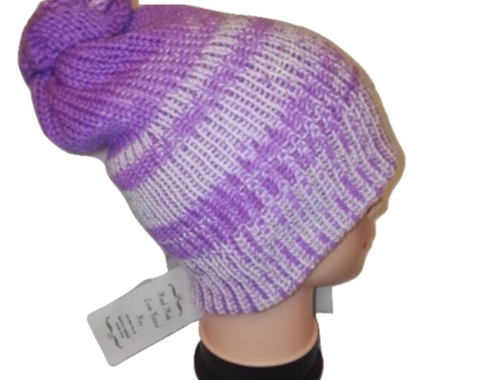 Lilac & White striped RETRO colour mix Handmade bobble slouch hat double knit extra thick #retro #handmade #knitwear