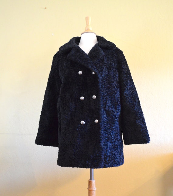 Vintage Faux Persian Lambswool Coat Black Double Breasted Car