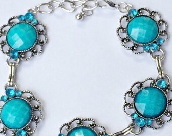 Aqua Blue Resin And Rhinestone Link Bracelet