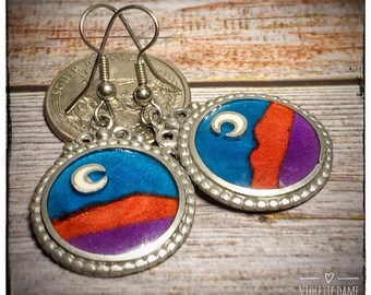 80s Vintage Bohemian Red,Purple, Blue & Silver Crescent Moon Drop Earrings