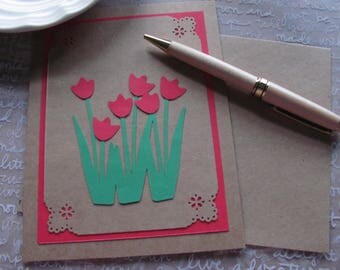 Tulips Notecard, Red, Kraft Paper, Blank Notecard, Handmade, Tulips, Blank Note, Layered, Bright, Blank Card, All Occasion, Feminine