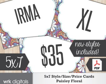 5x7 Signs, Size Card, Style Cards, Price Sign, Fashion Consultant, Paisley Floral Design, PRINTABLE, INSTANT DOWNLOAD