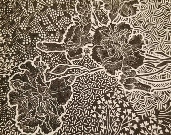 Vintage black & white floral cotton fabric 3 yards 44" wide VF2