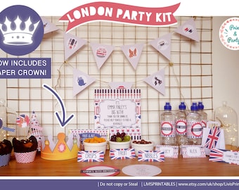 Chic London Themed Party Kit , Digital DIY Printable Suite , British Home Party Decor , Stylish England Union Jack , Birthday Party props