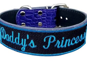 Daddy's Princess BDSM Collar, Purple Leather Submissive Collar, Purple Bondage Collar, Pet Play Collar,Black Leather Bondage Collar