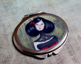 Compact mirror "La belle asiatique". Pocket mirror. Makeup mirror. Double mirror. Purse mirror. Exclusive drawing and printing by Andi Lee.