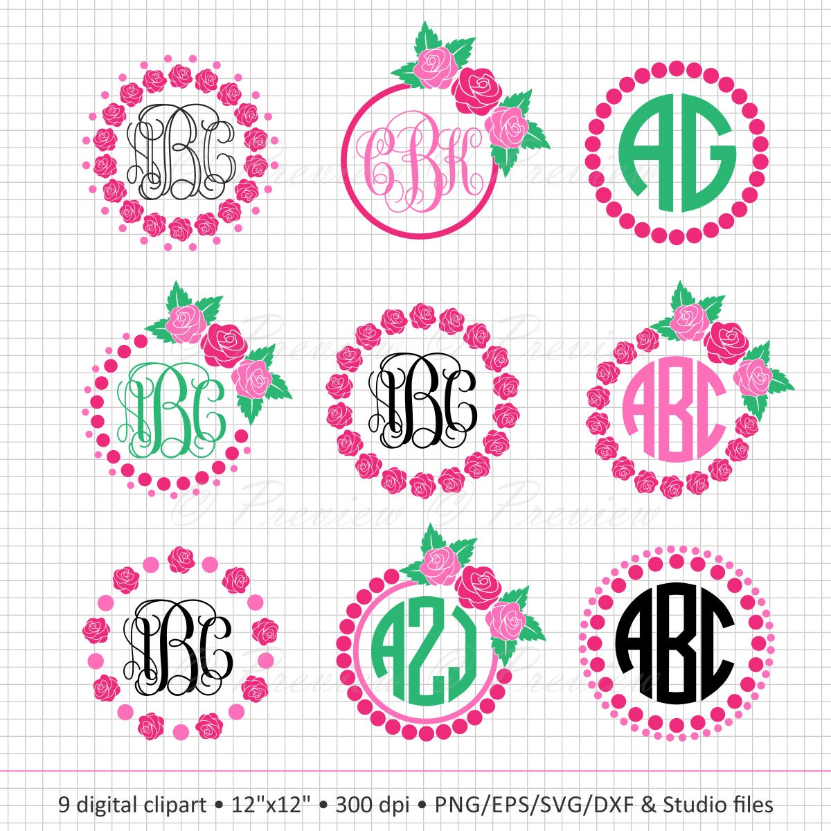 Download Buy 2 Get 1 Free Digital Clipart Rose Monogram Frame