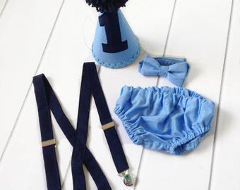 Blue Cake Smash Outfit Boy - First Birthday Outfit Boy - Diaper Cover Set - Light Blue and Navy - Diaper Cover, Suspenders, Bow Tie, Hat